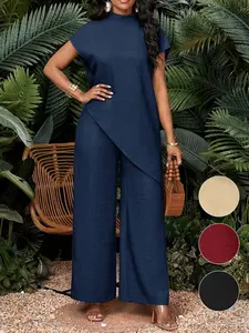 Women's Vacation Casual Solid Color Asymmetrical Hem Top and Pants Outfit, Spring Summer Women's Clothing, Tk2505