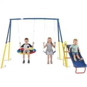 3-in-1 Backyard Swing Set for Kids, Heavy-Duty Metal Playset with Slide and Adjustable PE Ropes