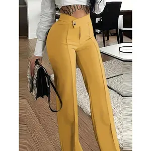 Women's Elegant High Waist Straight Pants-Versatile Solid Color, Comfortable Fit Buckle Details, Suitable for All Seasons Can be used with raincoat