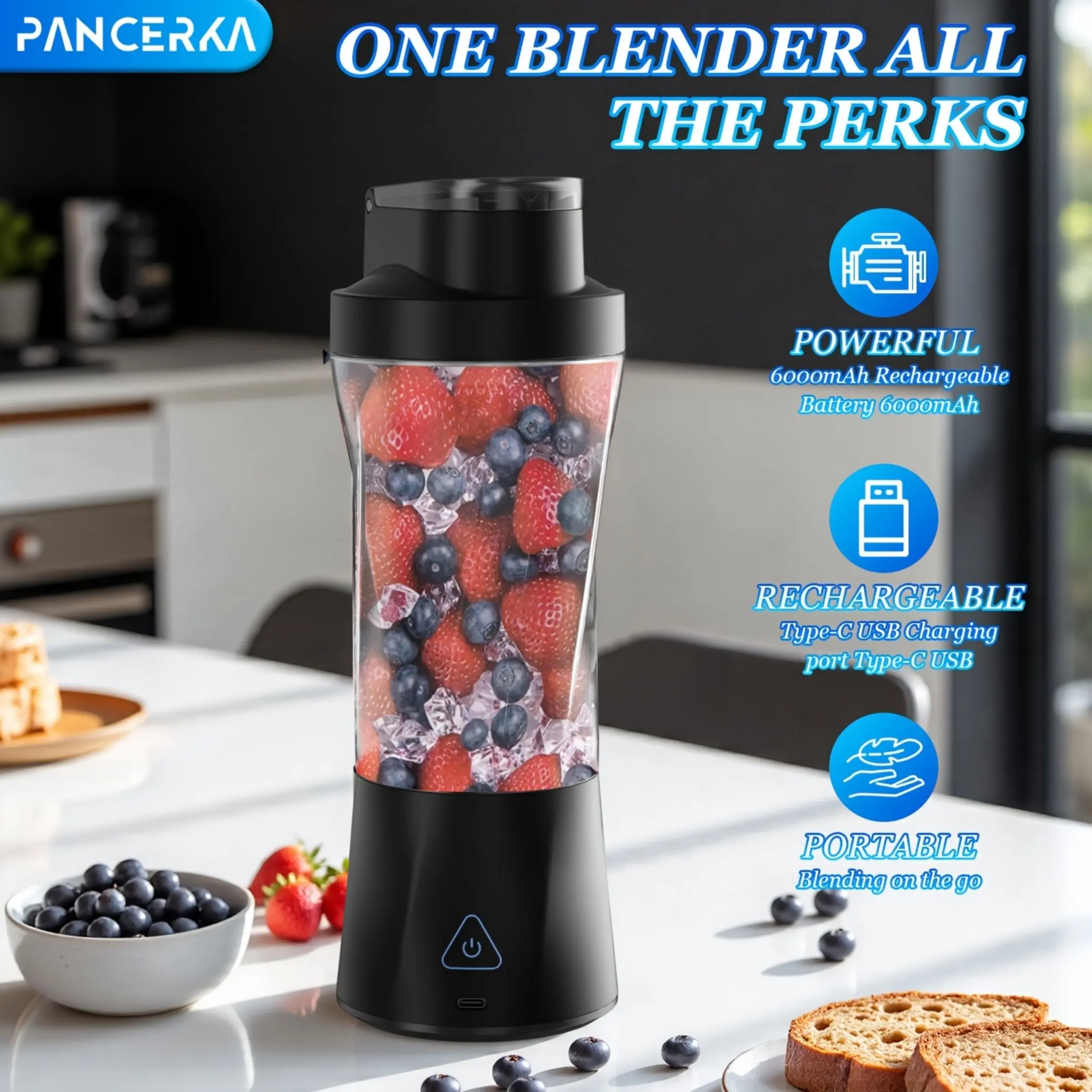 24oz Portable Blender, USB Rechargeable Personal Blender with 10 Blades, 304 Stainless Steel, 40s Quick Blending, Travel Gym Blender Bottle