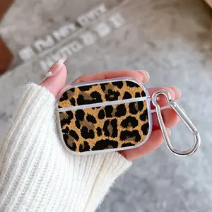 Leopard's Spotted Canvas Pattern Protective Case for AirPods 4/3/2/1/Pro/Pro2 Soft TPU Earphone Cover, Transparent with Keychain