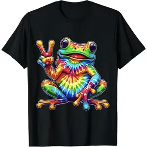 Retro Hippie Tie-Dye Frog Peace Sign Graphic Cotton Short Sleeve T-Shirt - Men's/Women's Fun Casual Tops Tees for Hippie & Animal Lovers