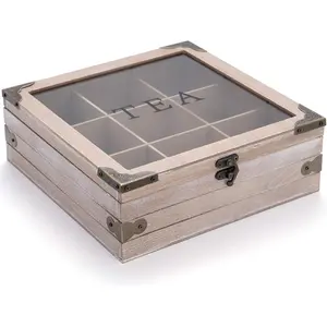 Tea Box Organizer - Rustic Tea Bag Storage Holder for Coffee Sugar Pods Packets & More Elegant Tea Storage Solution for Home & Kitchen (Gray)