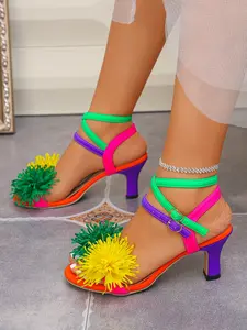 Colorblock High Heel Sandals, 3D Pineapple Flower Decoration, Open Toe Women's Dress Shoes, Elegant Evening Footwear
