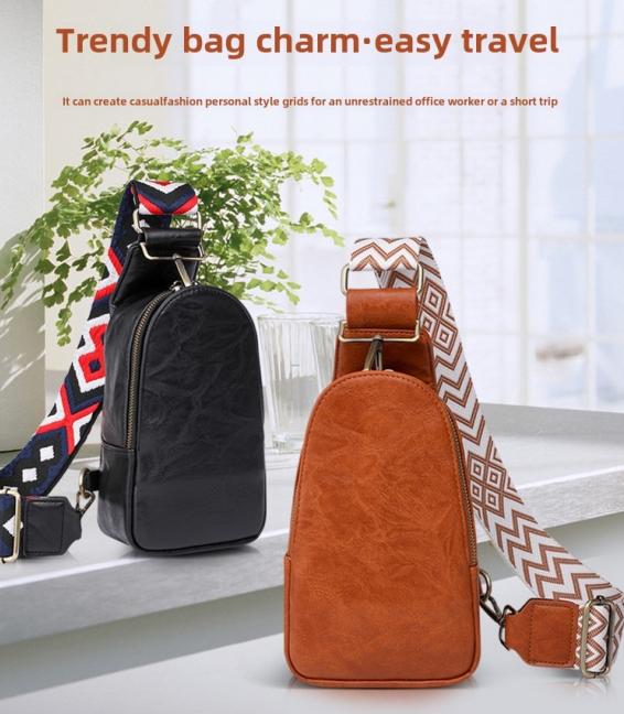 Women Chest Bag Sling Bag, Guitar Strap Small Crossbody PU Leather Satchel Daypack