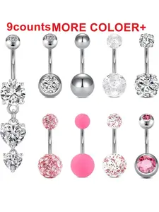 9pcs Rhinestone Decor Belly Button Ring As Gift for Girlfriend, Women Belly Piercing Body Jewelry, for Crop Top Decor, Fashion Women Accessories for Party & Daily Wear, Navel Piercing Jewelry