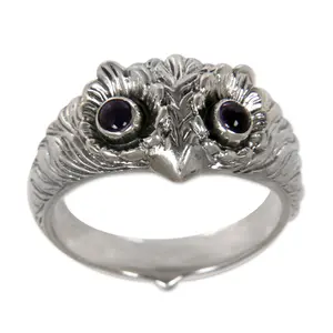 NOVICA Artisan Handmade Amethyst and .925 Sterling Silver Ring from Indonesia, Good Fortune 'Owl Wisdom'