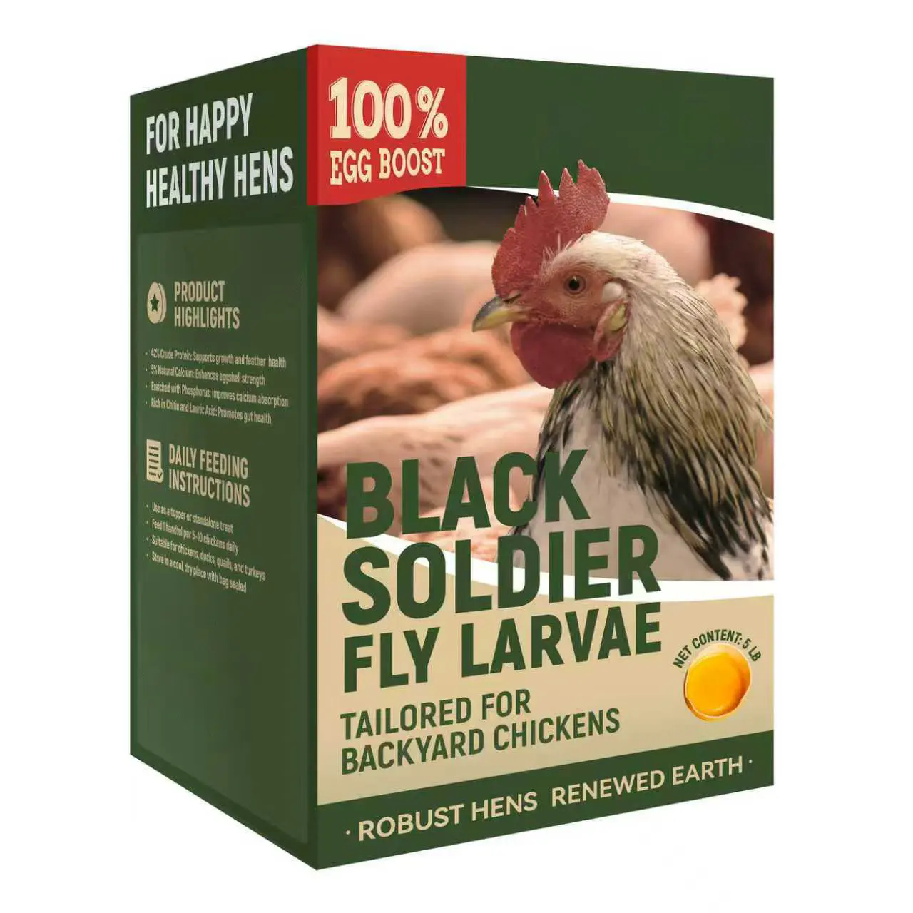 5 LBS Dried Black Soldier Fly Larvae For Chickens, High Protein Chicken Feed With More Calcium Than Mealworms, Non-Gmo Natural BSF Larvae Treats For Laying Hens, Ducks, Quail, Birds & Reptiles