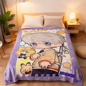 Xavier Q Version Anime Character Print Purple Border Soft Fleece Blanket For Game Fans And Otaku Room Decor