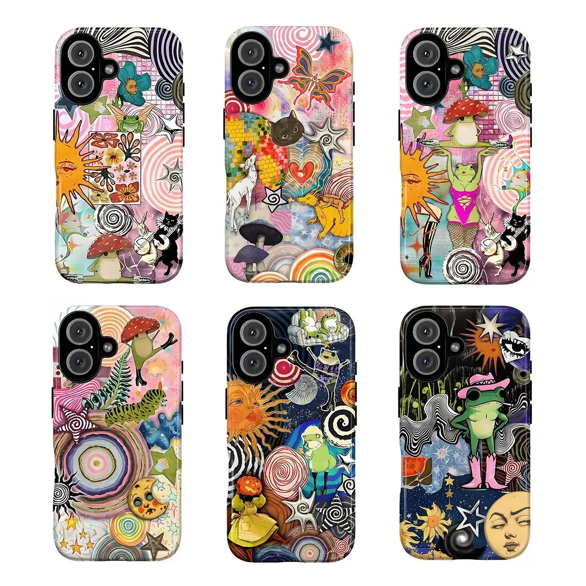 Whimsical Psychedelic Collage Smartphone Casing - TPU Waterproof Shockproof Protective Cover for iPhone 7-16, Galaxy S21-S24, Handheld Devices, with Trippy Sun, Mushrooms, Dancing Animals, Frogs, Funky Retro Vibes, Unique Gift Accessory