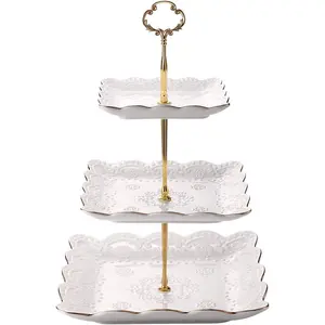 3-Tier Square Porcelain Cake Stand, White Rimmed with  Embossed Cupcake Dessert Stand - Tiered Serving Tray for  Party and Show