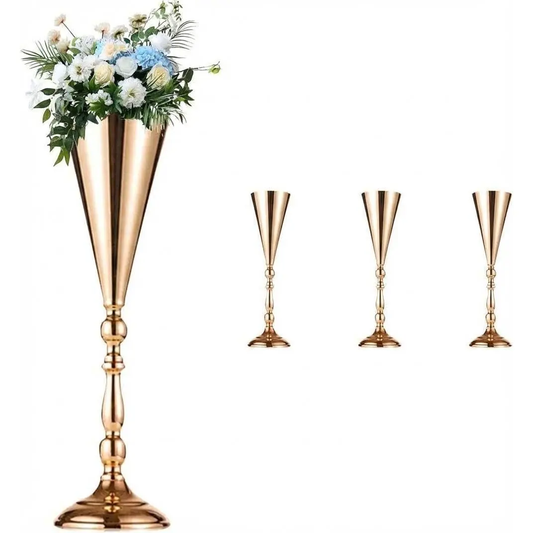 Tabletop Metal Wedding Flower Trumpet Vase, Tall Table Decorative Centerpiece, Artificial Flower Arrangements for Anniversary Ceremony Party Birthday Event Aisle Home Decoration Gold