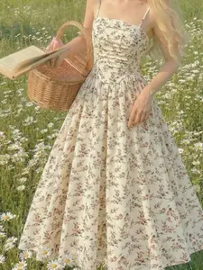 Girl Sweet Pink Ditsy Floral Camisole Mid-Length Dress Tween Girl Long Floral Dress Girls Floral Sundress Girls Vacation Dress