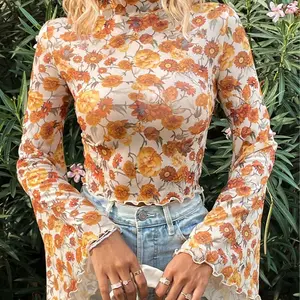 Women's Orange Floral Printed Bell Sleeve Mock Neck Scallop Trim Blouse