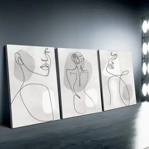 3pc Wooden Frame Simple Line Art Canvas Set Gray Beige Elegant Wall Decor for Living Room Bedroom Office Modern Style Room Decoration 2D Gift Hanging Print Ornaments Artistic Photo