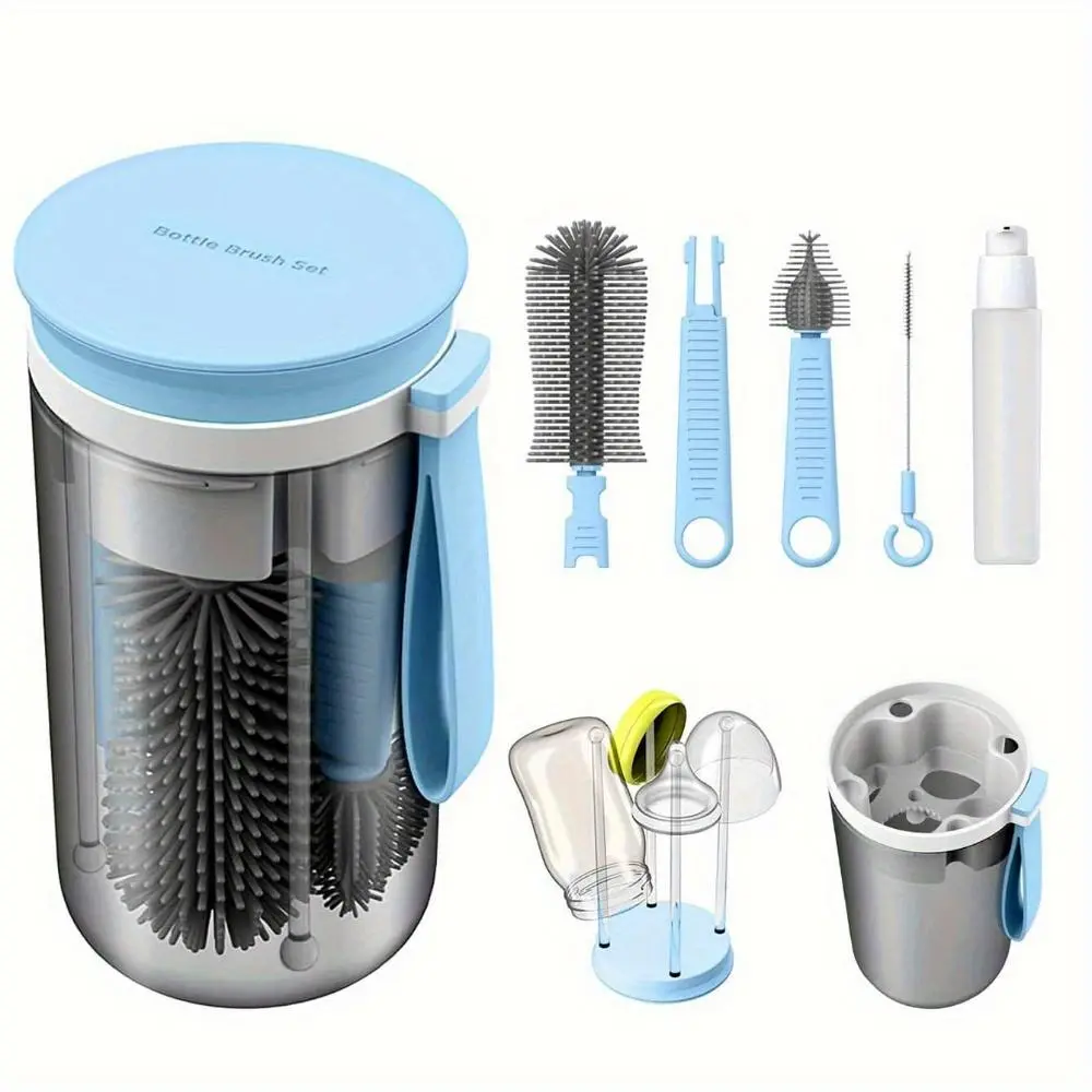 Portable Baby Bottle Brush Set, 1 Set Silicone Bottle Brushes with Drain Rack, Baby Bottle Cleaning Brush, Travel Bottle Brush Set, Bottle Cleaning Kit, Bottle Cleaner