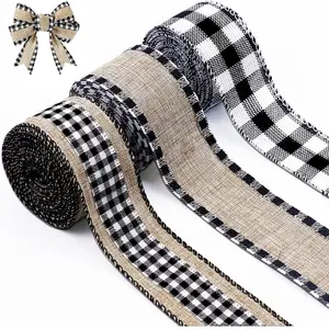 3 Rolls Christmas Buffalo Plaid Ribbon Wired Edge 9.9 Yard Plaid Burlap Ribbon Christmas Checked Burlap Ribbon for Christmas Tree Wrapping Crafts Decoration 1.5 inch Width(Black and White)