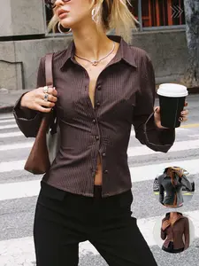 Women Striped Long Sleeve Button Up Casual Work Shirt For Spring/ Autumn,Long Sleeve Slim-Fit Tops,Casual American Style Lapel Blouse