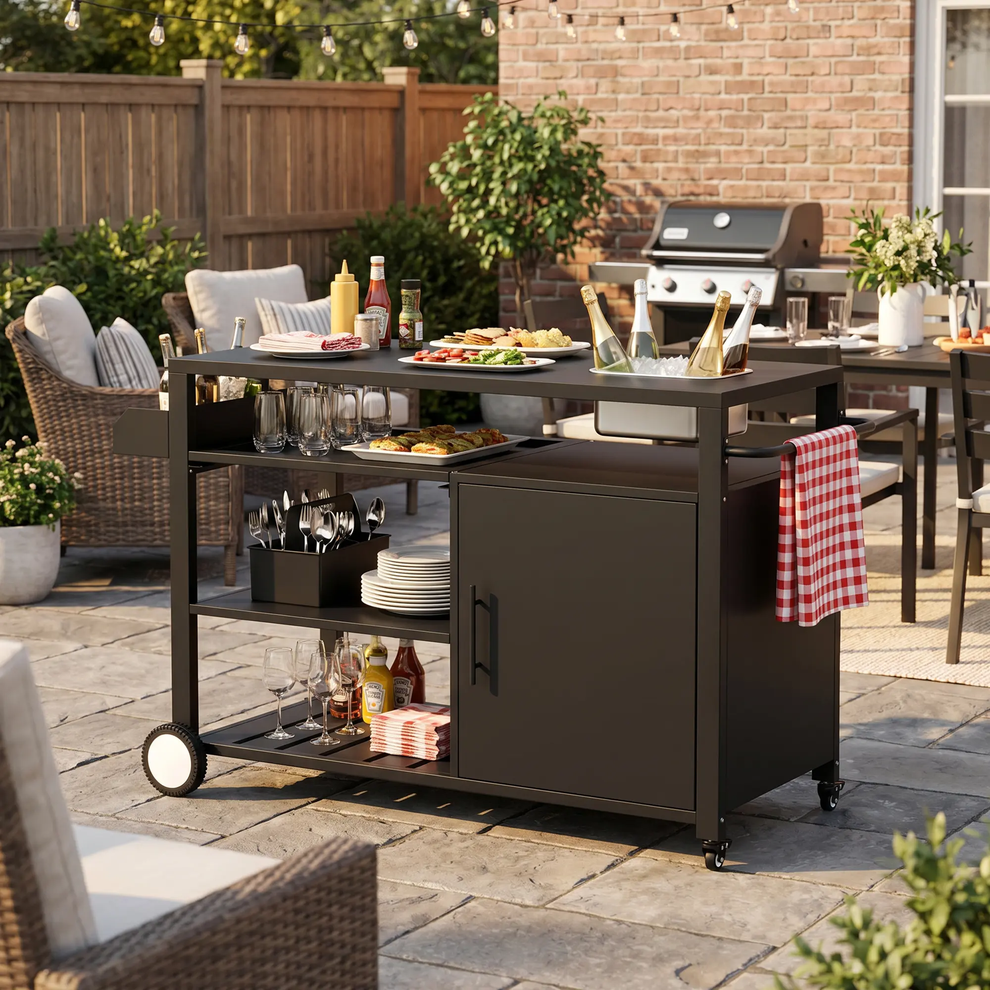 FUFU&GAGA Outdoor Grill Prep Cart with Removable Ice Bucket, Rolling Patio Serving Bar Table with Storage Cabinet & Shelves for BBQ & Parties