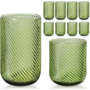Set of 8 Ribbed Glassware,4 Highball Glasses 14oz & 4 Rocks Drinking Glasses 9oz, Origami Style, Fluted Design, for Milk, Water, , Juice, ,  Cup, Gif (Leaning Green)