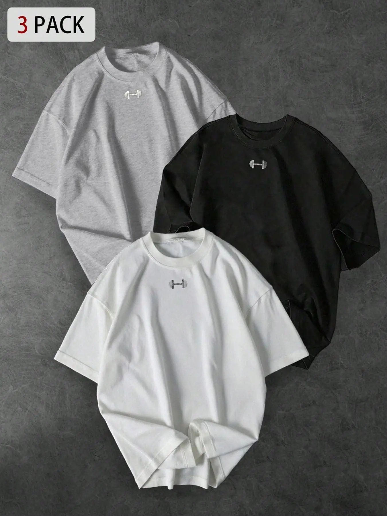 3-Pack Unisex Round Neck T-Shirts Top with Small Dumbbell Chest Print, Minimalist Streetwear for Gym Enthusiasts and Casual Everyday Wear, Loose, Baggy