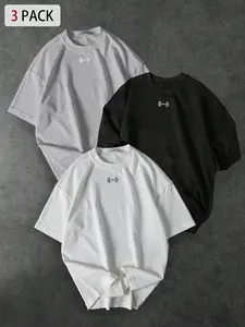 3-Pack Unisex T-Shirts with Small Dumbbell Chest Print, Minimalist Streetwear for Gym Enthusiasts and Casual Everyday Wear