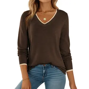 Dokotoo Womens Cashmere Sweaters Dressy Casual Long Sleeve V Neck Lightweight Ribbed Knit Wool Pullover Jumper Top