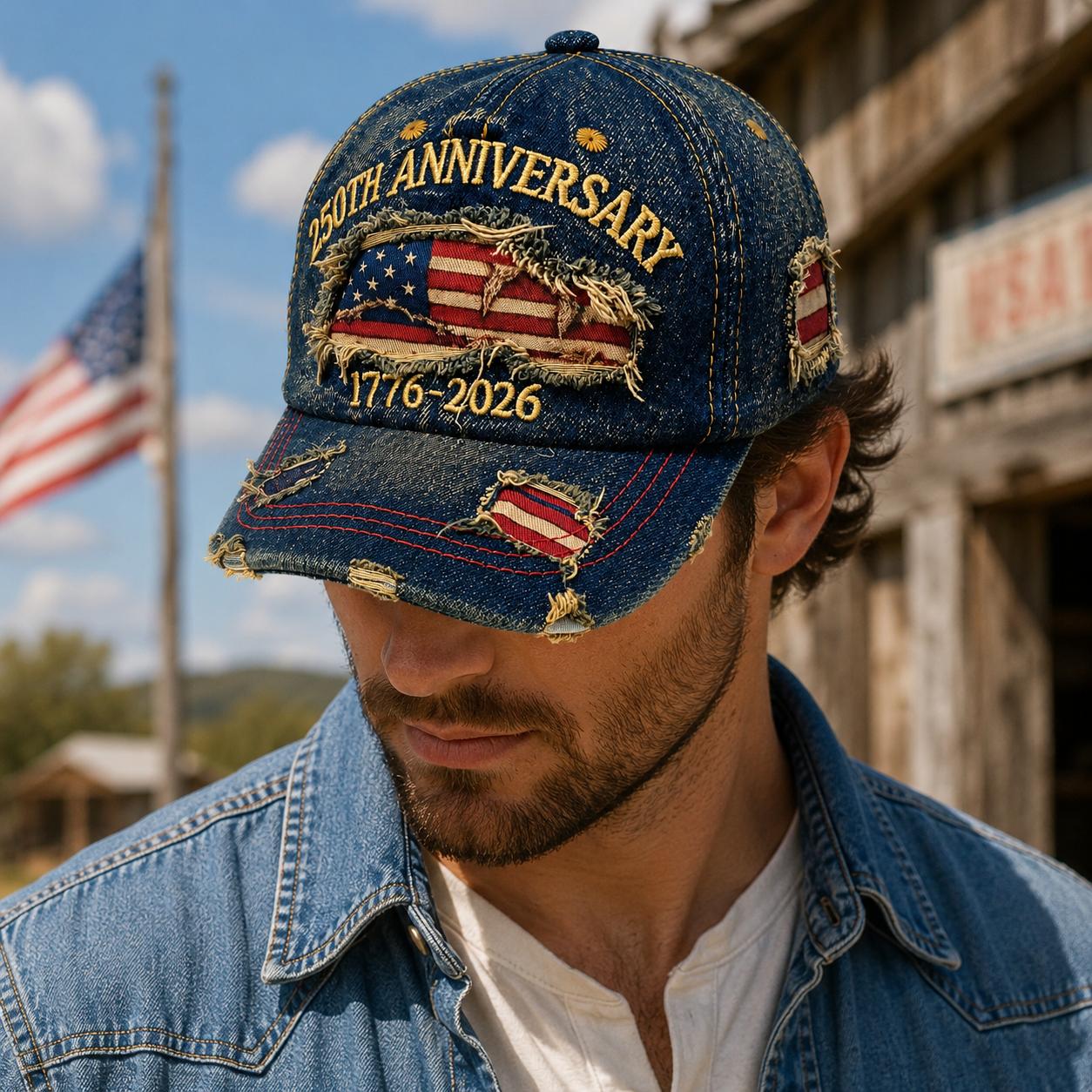 Vintage 250th Anniversary Distressed Denim Baseball Cap, Patriotic Washed Denim Hat with American Flag Inserts, 1776-2026 Adjustable Cap