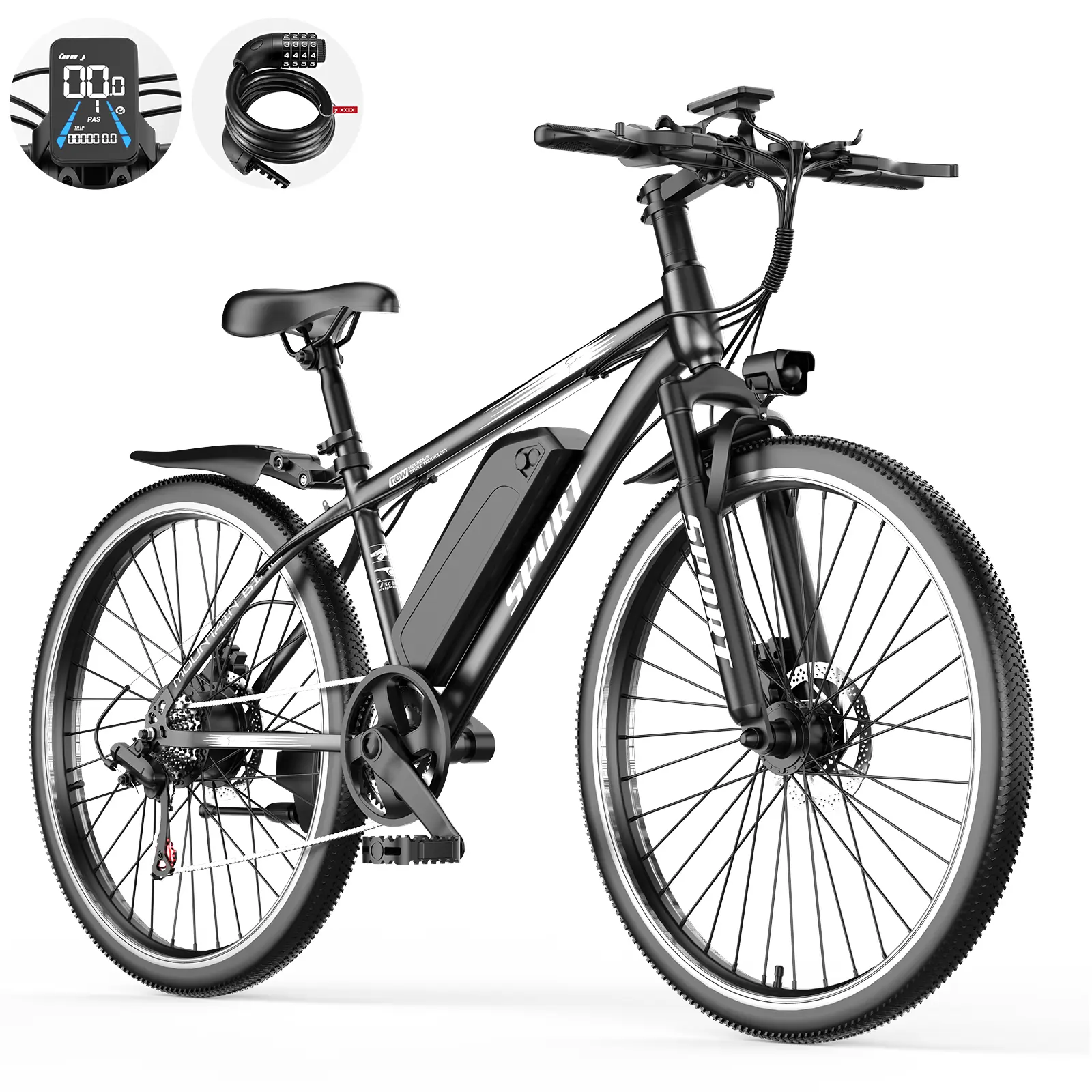 Electric Mountain Bike 26 Tires 1500W Motor 576Wh Removable Battery 25MPH Max Speed 65 mi Range UL2849 Certified Front Suspension Dual Brakes LED Lights
