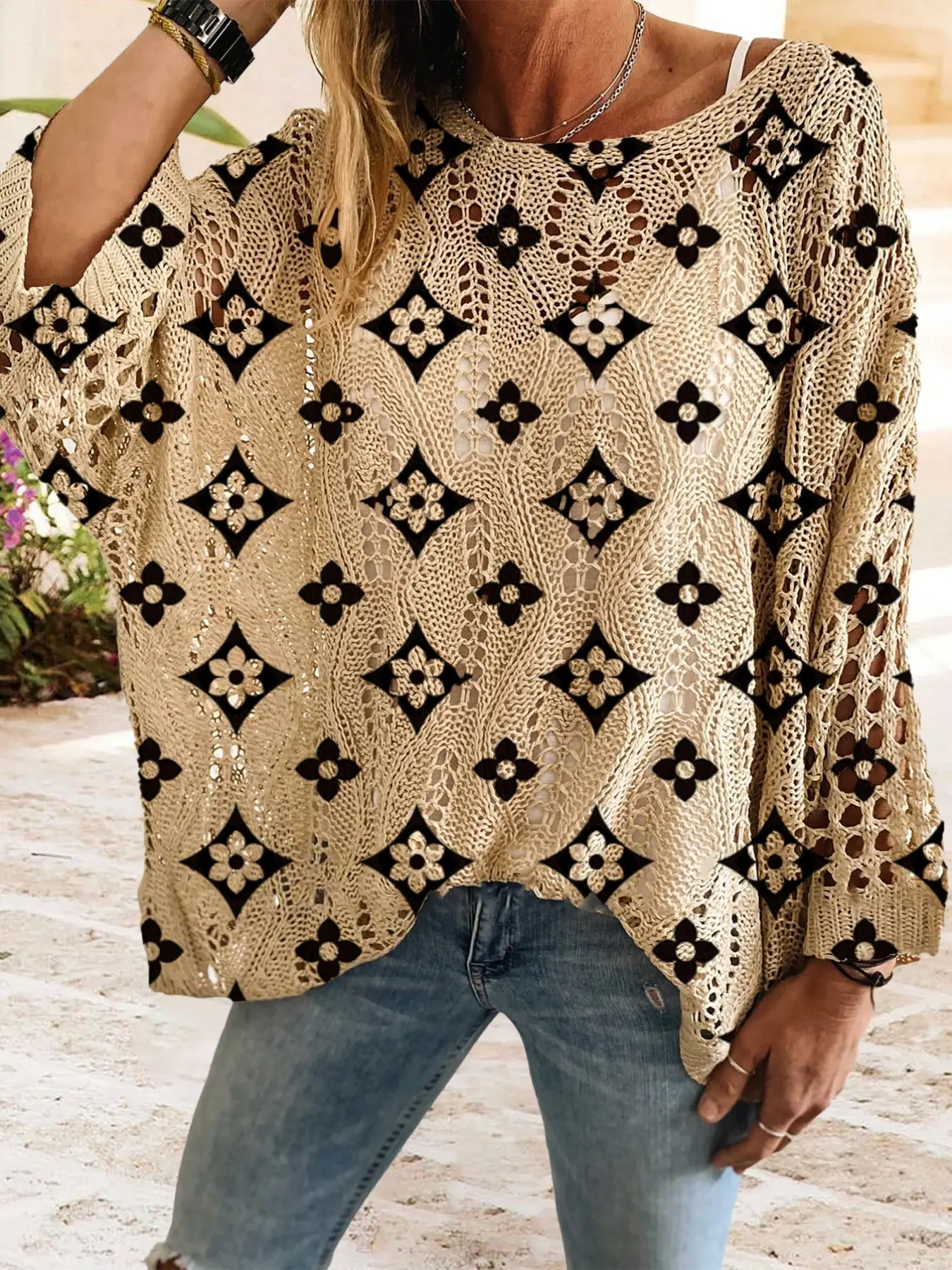 Geometric Print Long Sleeve Knit Top, Casual Elegant Vacation Style Sweater, Loose Batwing Shoulders, Spring Summer Fall Women's Clothing, Womenswear Knitwear