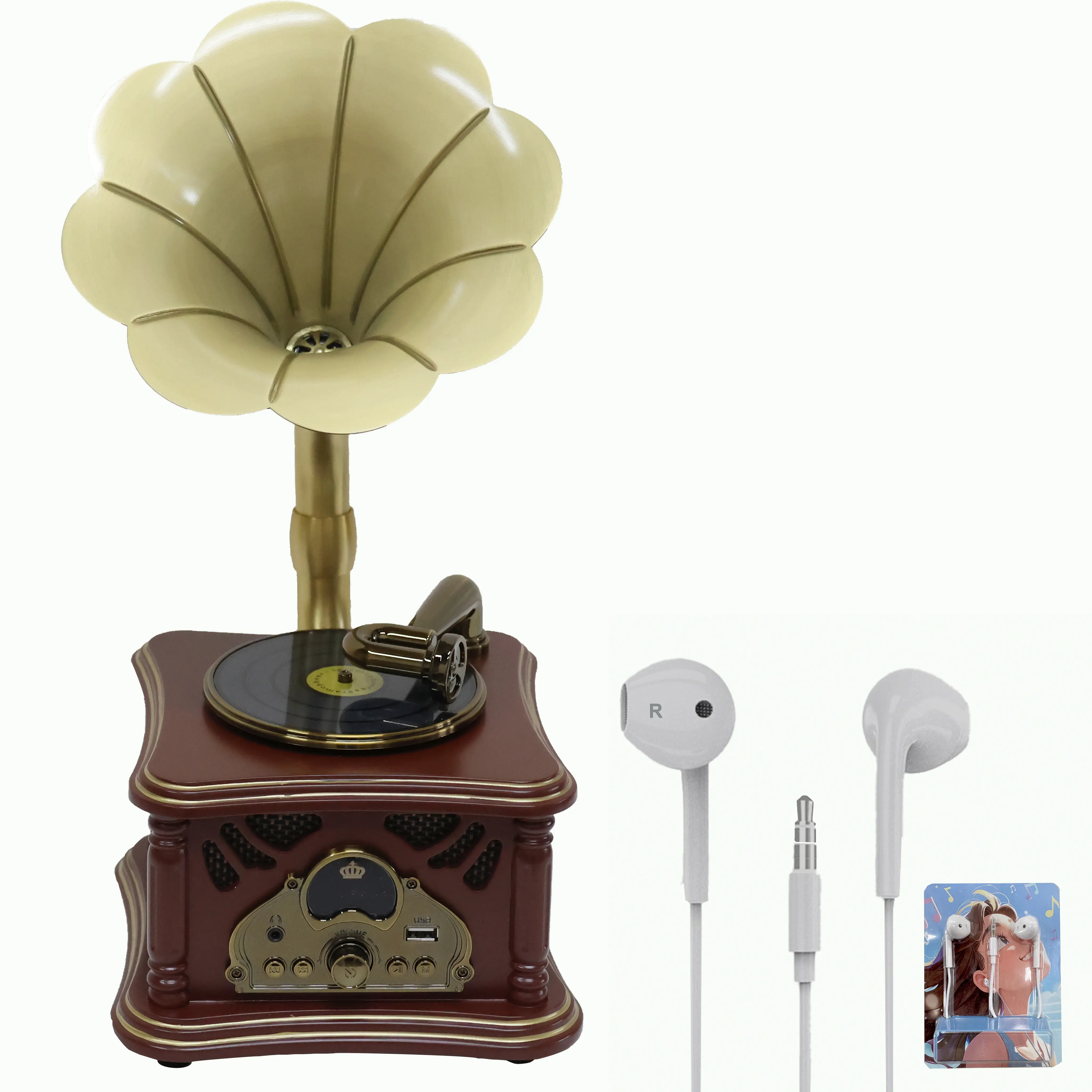 Dark Brown Vintage Mini Wood Phonograph Speaker - Gramophone Shape Imitate Phonograph, 1 Wired 3.5mm Headphone Jack, Bluetooth Audio Player, Aux Input, USB, Stereo Sound, EU Type Smartphone