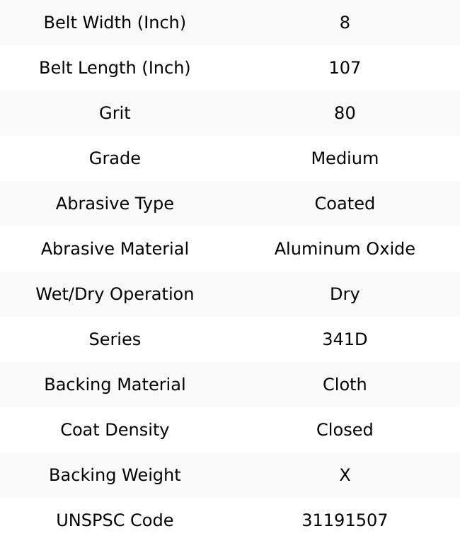 3M 8" Wide x 107" OAL, 80 Grit, Aluminum Oxide Abrasive Belt Aluminum Oxide, Medium, Coated, X Weighted Cloth Backing, Series 341D 7010361761
