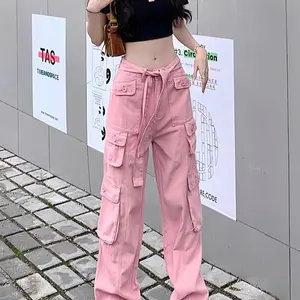 Trendy Pink High-Waisted Cargo Pants with Matching Fabric Belt, Spacious Cargo Pockets & Adjustable Tie - Casual Everyday Wear for Women - Womenswear, Bottom, Feminine, Button, Comfortable