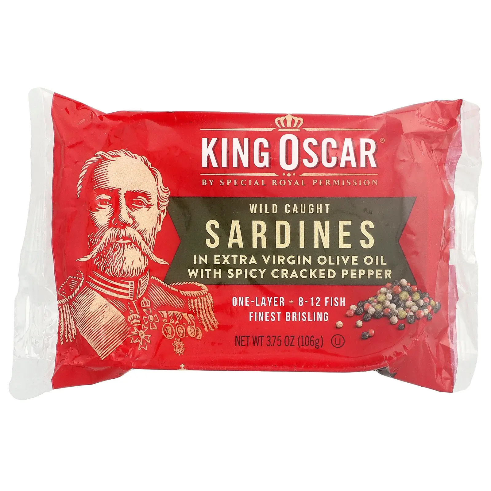 King Oscar Wild Caught Sardines In Extra Virgin Olive Oil With Spicy Cracked Pepper, One Layer, 3.75 oz (106 g)