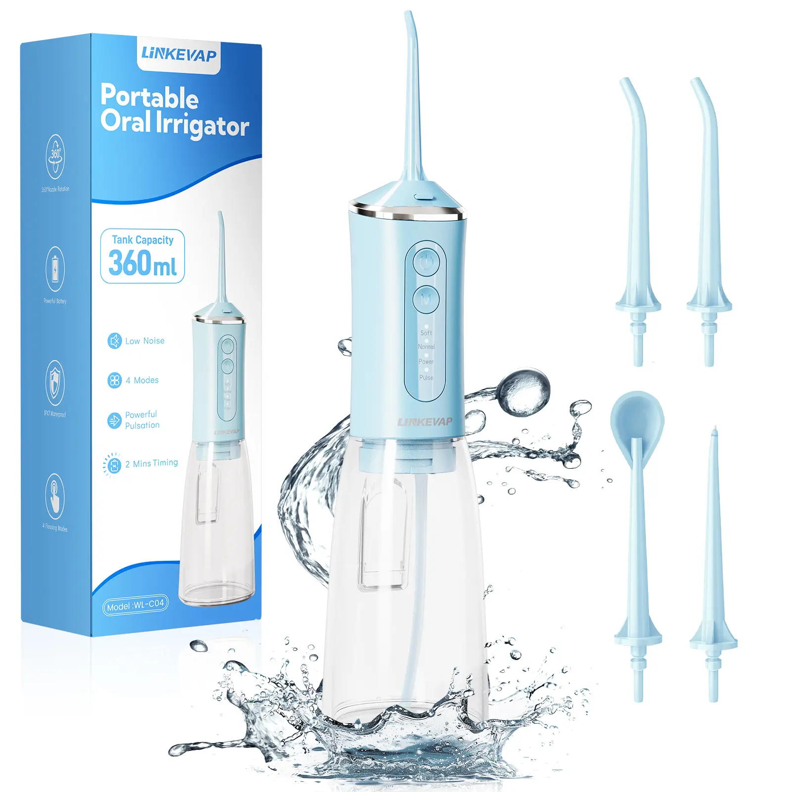 LINKEVAP Water Flosser 360ML - 4 Modes, IPX7 Waterproof, Low Noise Cordless Oral Irrigator Christmas gifts