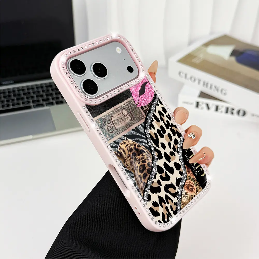 Shining leopard print double-sided diamond studded phone case, military grade anti drop, stylish and beautiful phone protection case, suitable for iPhone 17 Pro Max, 16, 15 Plus, 14, 13, 12, 11 women's phone case