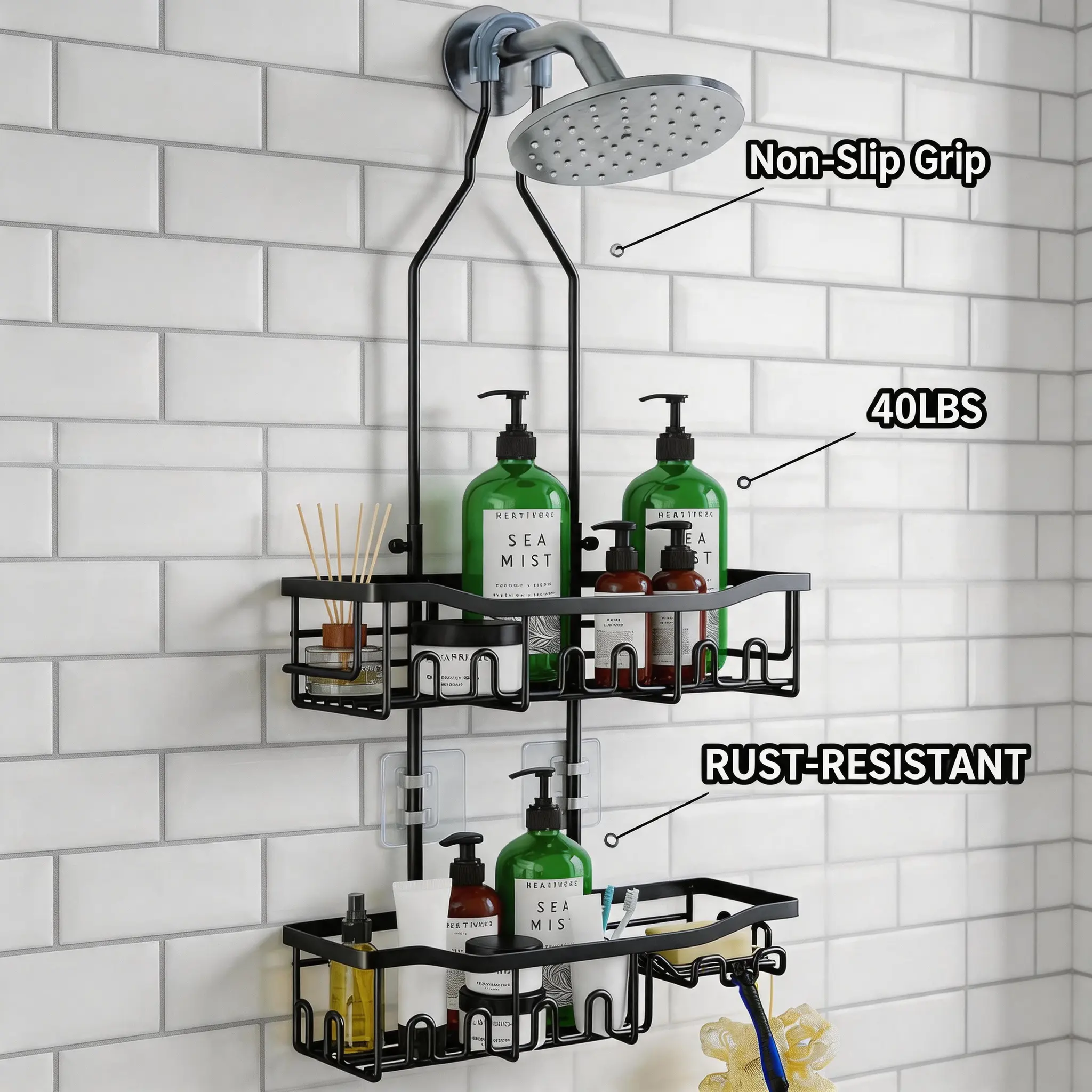 Stainless Steel No-Drill Over Showerhead Caddy with Shelves and Hooks - Adjustable, Rust-Resistant Black Bathroom Organizer with Drainage Feature, Self-Adhesive Wall Mount Option, Easy to Maintain Shower Accessories, Drainage Feature Shower Accessories