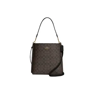 Coach Mollie Classic Monogram Bucket Bag for Women, Signature Coated Canvas with Smooth Leather, Brown and Black