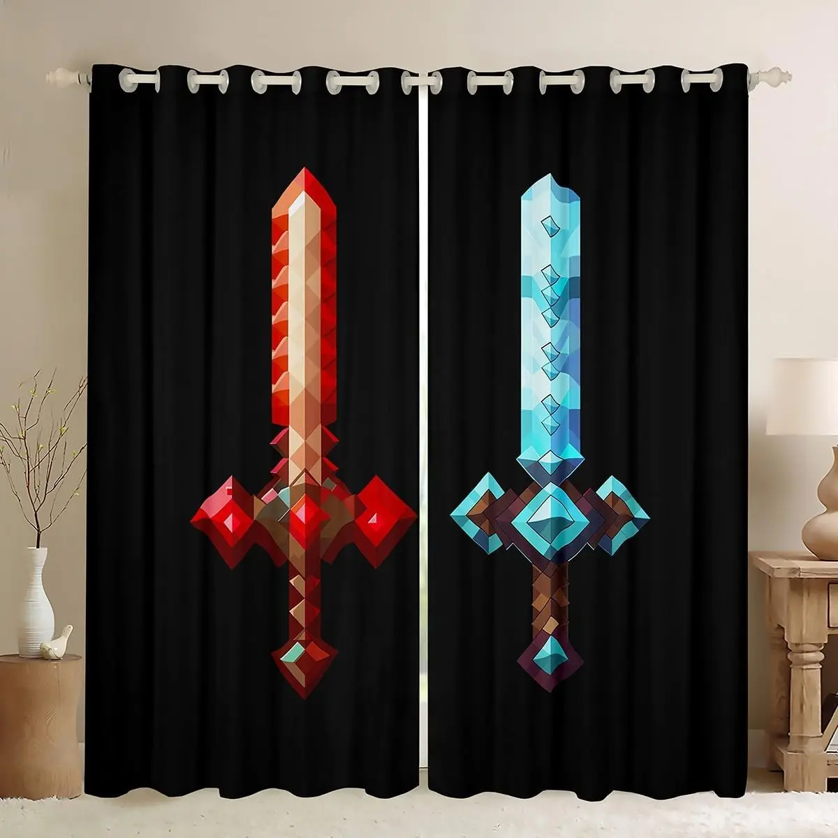 Red Blue Sword Window Curtain,Sandbox Building Games Bedroom Decor Curtains ated Style Swords Window Treatment Fashion Black Blackout Drapes Panels