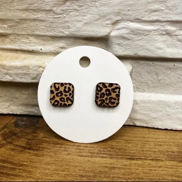 Square leopard stud wood earrings