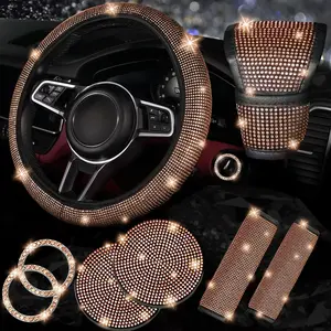 8 pcs Bling Car Accessories Set for Women, Steering Wheel Cover, Sparkly Seat Belt Covers, Bling Gear Shift Cover, Universal Fit Most Cars (Gold Champagne Diamond)