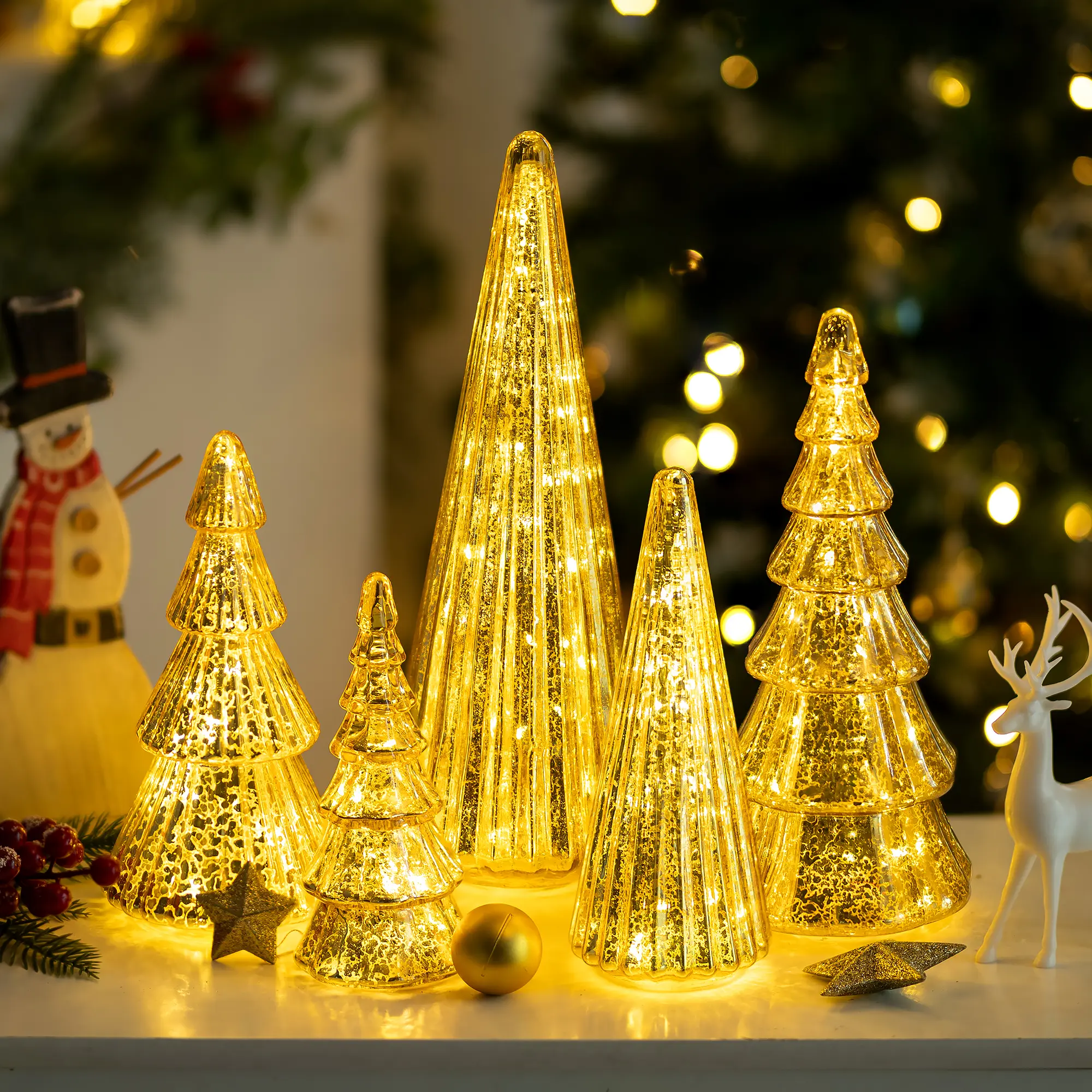 Illuminated Mercury Glass Christmas Trees - Decorative Tabletop LED Mood Light Trees with Timer, Indoor LED Light Up Christmas Decor for Holiday Decorating Fireplace Mantel Ornaments