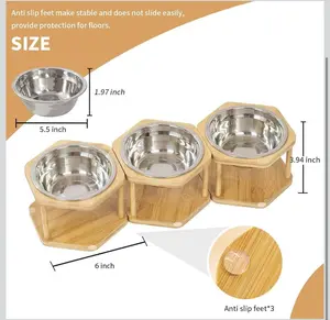Set of 3 Single Elevated Cat Bowls, Stainless Steel Raised Cat Food Water Bowl with Bamboo Stand, Pet Dishes Stand Feeder with Anti Slip Feet for Cats and Small Dogs, 13 oz(Stainless Steel)