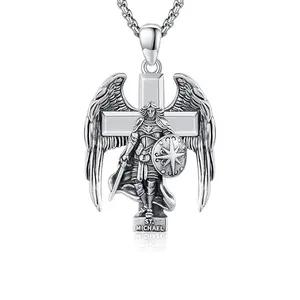 Patron Saint Amulet Cross with Wings Pendant Necklace, Unisex, Religious Jewelry Necklace, Shiny Silver-Plated Cross Necklace, Fashion Jewelry, Faith Jewelry, Unisex