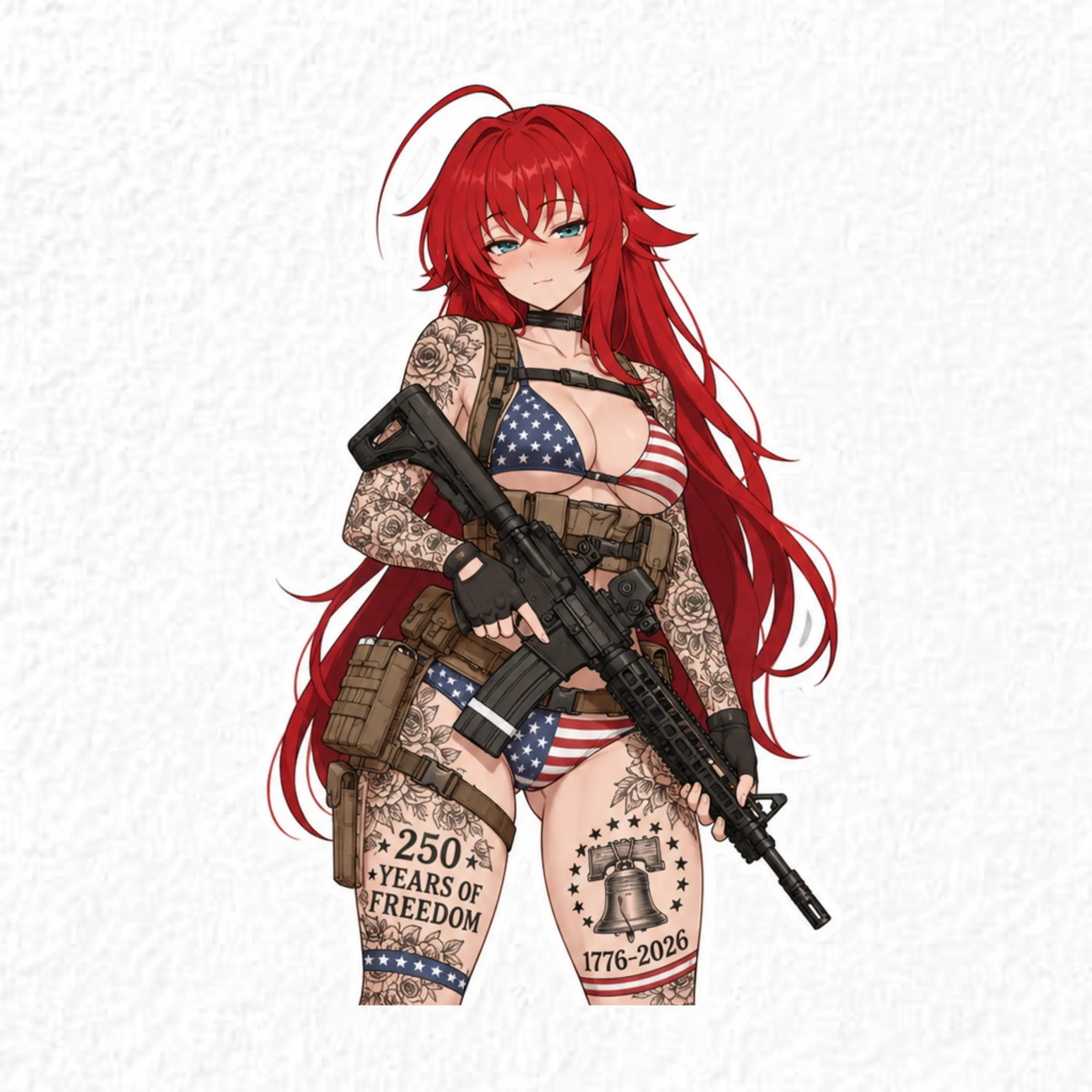 Anime Tactical Rias Sticker, 250 Years of American Freedom Decal, Patriotic Waifu Military Art for Laptop, Water Bottle, Skateboard, Notebook