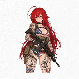 Anime Tactical Rias Sticker, 250 Years of American Freedom Decal, Patriotic Waifu Military Art for Laptop, Water Bottle, Skateboard, Notebook
