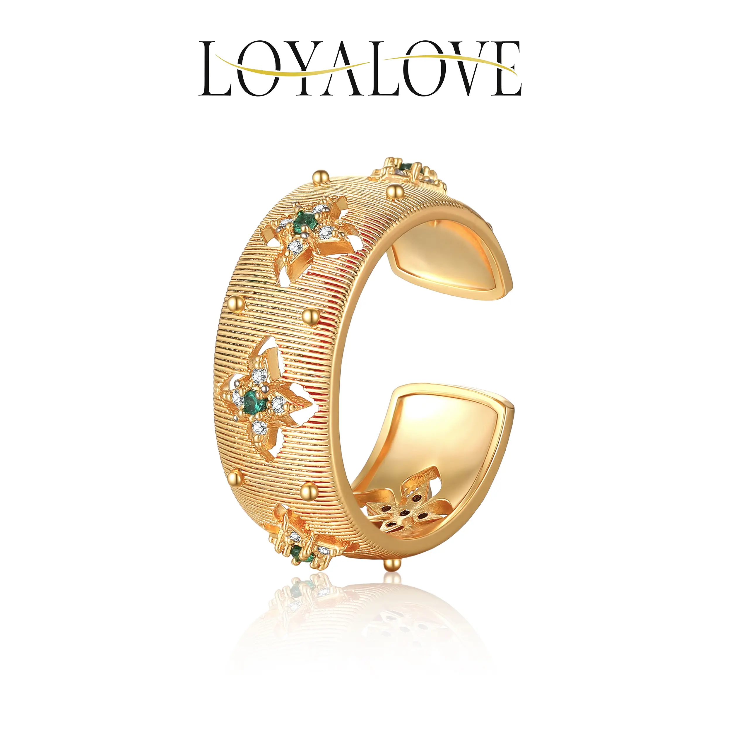 Loyalove Trendy Chunky Gold Statement Ring for Women, Vintage Wide Open Band with Green Stone Floral Details, Bold Boho Cocktail Ring, Fashion Jewelry Gift