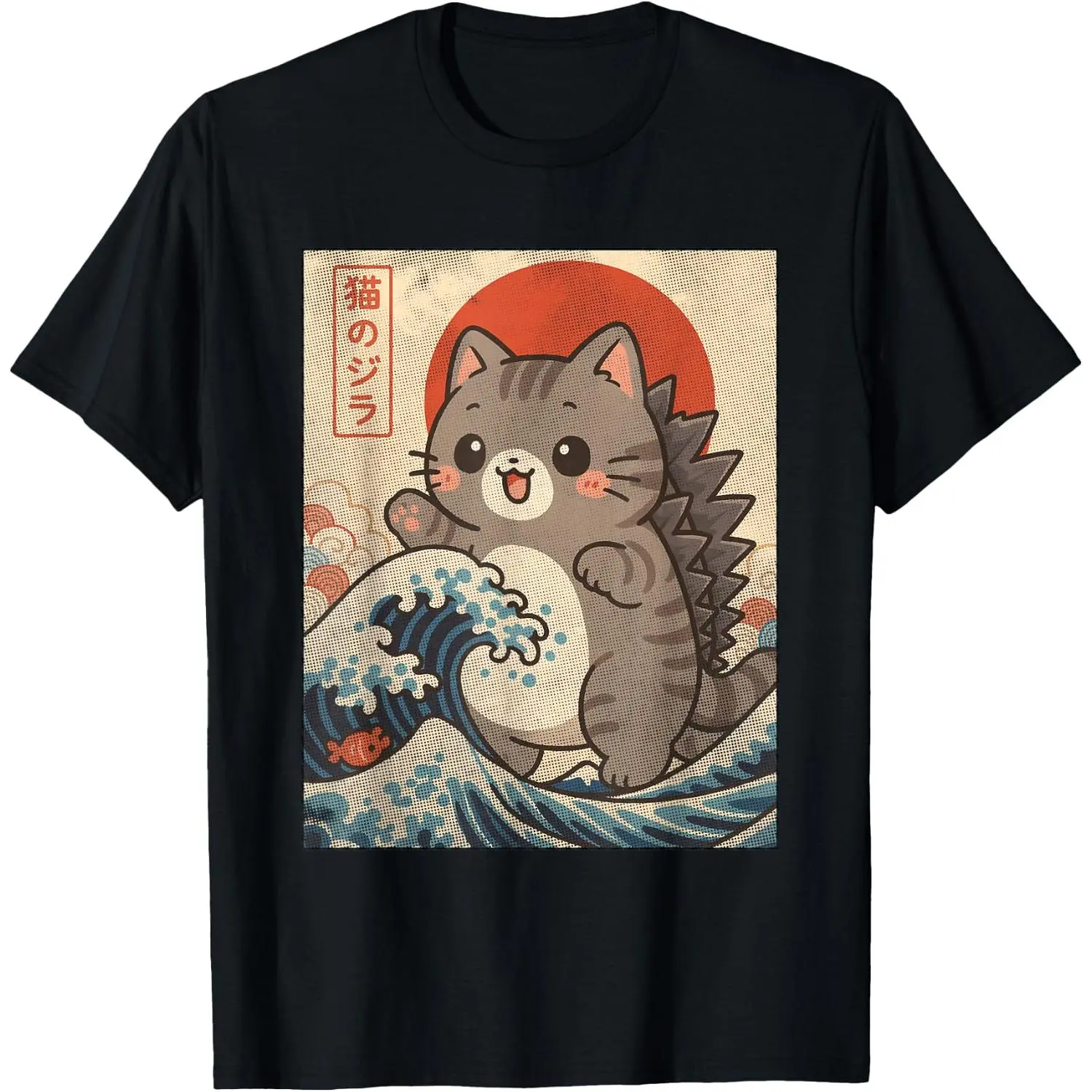 Kaiju Kitty Giant Monster Wave Cute Cozy Cat Graphic Parody T-Shirt Pure Cotton Graphic Tees Menswear Top: Gifts for Men & Women