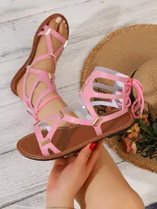 New multi-color optional ladies women flat sandals in summer Red, black and white Brown powder metal buckle Roman hollow heel strap is suitable for commuting and daily vacation Footwear Shoe