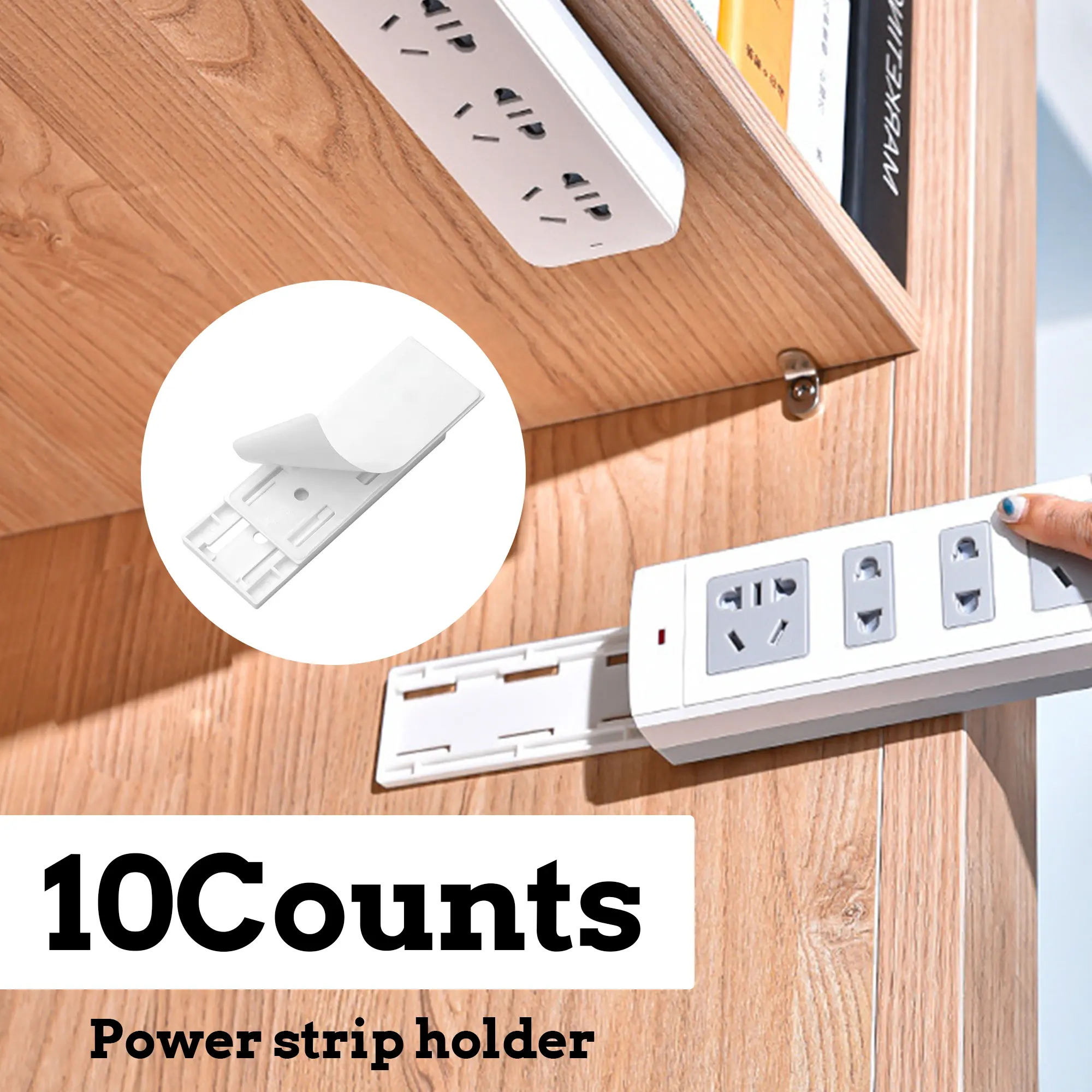 10 Counts Power Strip Holder, Adhesive Punch-Free Socket Holder, Self Adhesive Socket Desktop Fixer, Cable Management Punch Free Surge Protector, Desktop Mobile Socket Holder Wall Mount and 8 Cable Clips